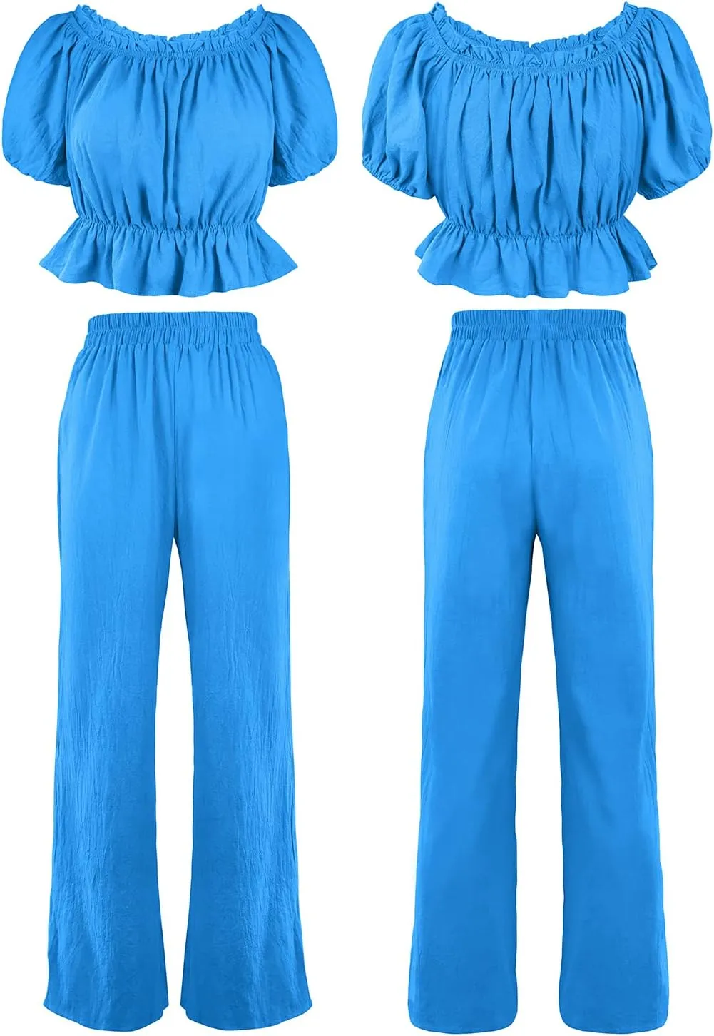 FANCYINN Women's Summer 2 Piece Outfit Off Shoulder Balloon Sleeves Ruffle Crop Top Wide Leg Pants Set Jumpsuits
