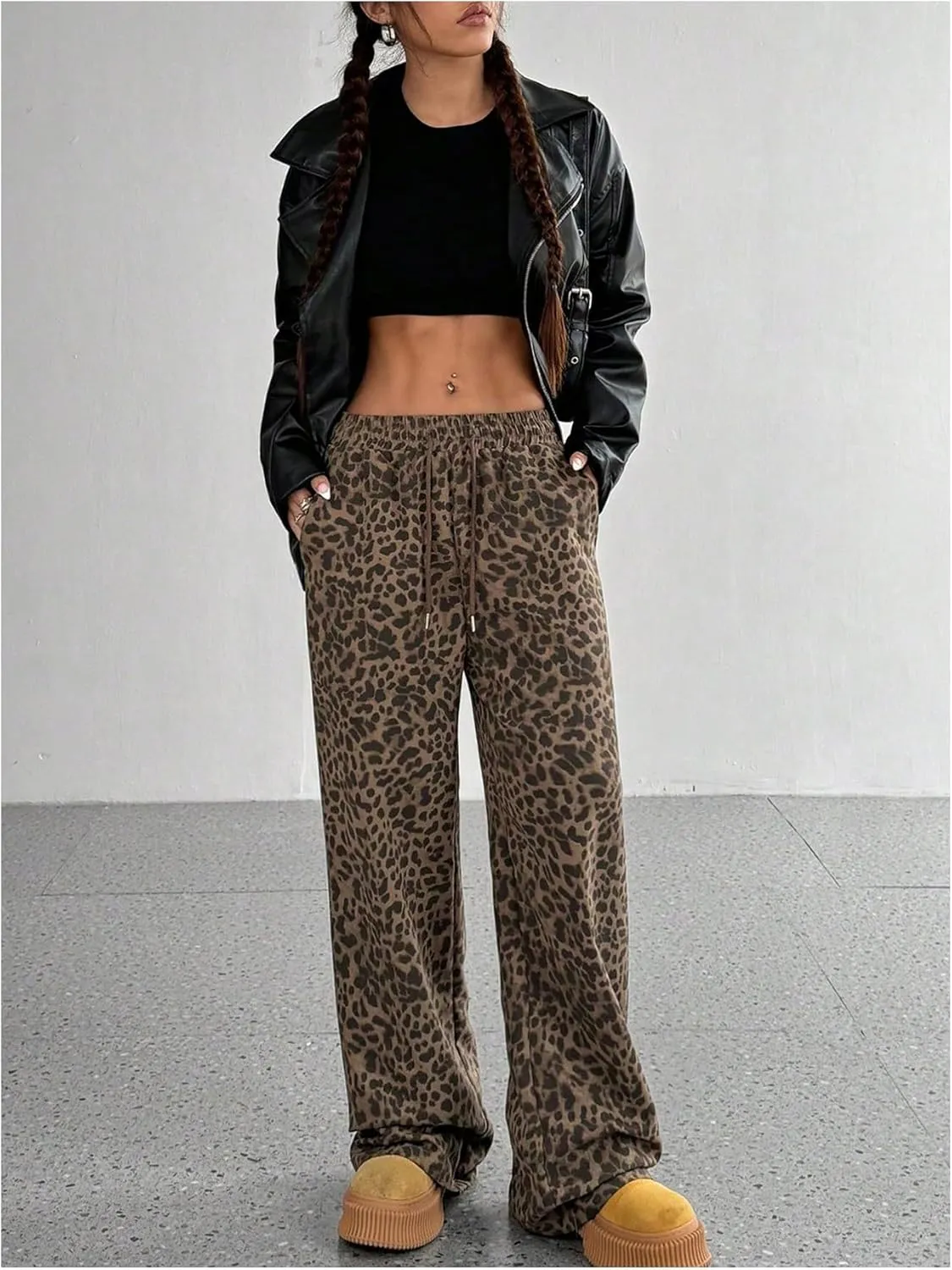 Floerns Women's Y2k Leopard Print Pants Drawstring Waist Wide Leg Loose Trousers