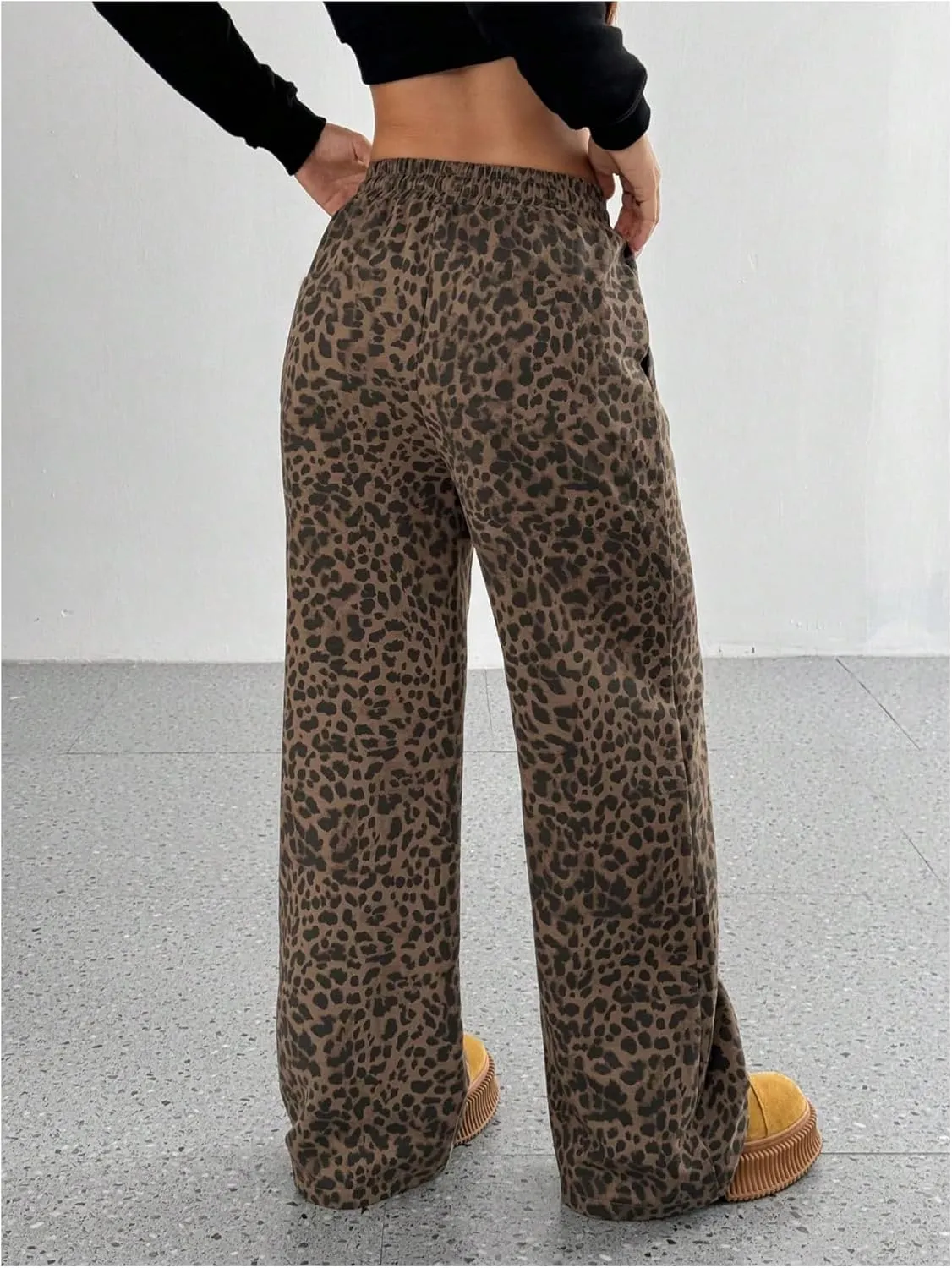 Floerns Women's Y2k Leopard Print Pants Drawstring Waist Wide Leg Loose Trousers