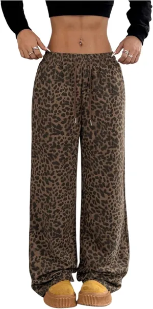 Floerns Women's Y2k Leopard Print Pants Drawstring Waist Wide Leg Loose Trousers
