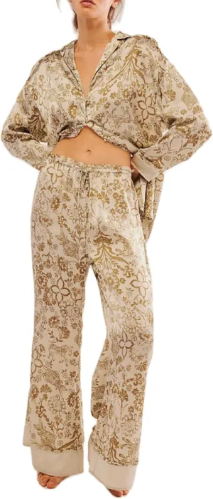 FOMOYUU Women Floral Print Silk Satin Pajama Set Long Sleeve Button Down Shirt Casual Loose Pants 2 Piece Outfits Sleepwear
