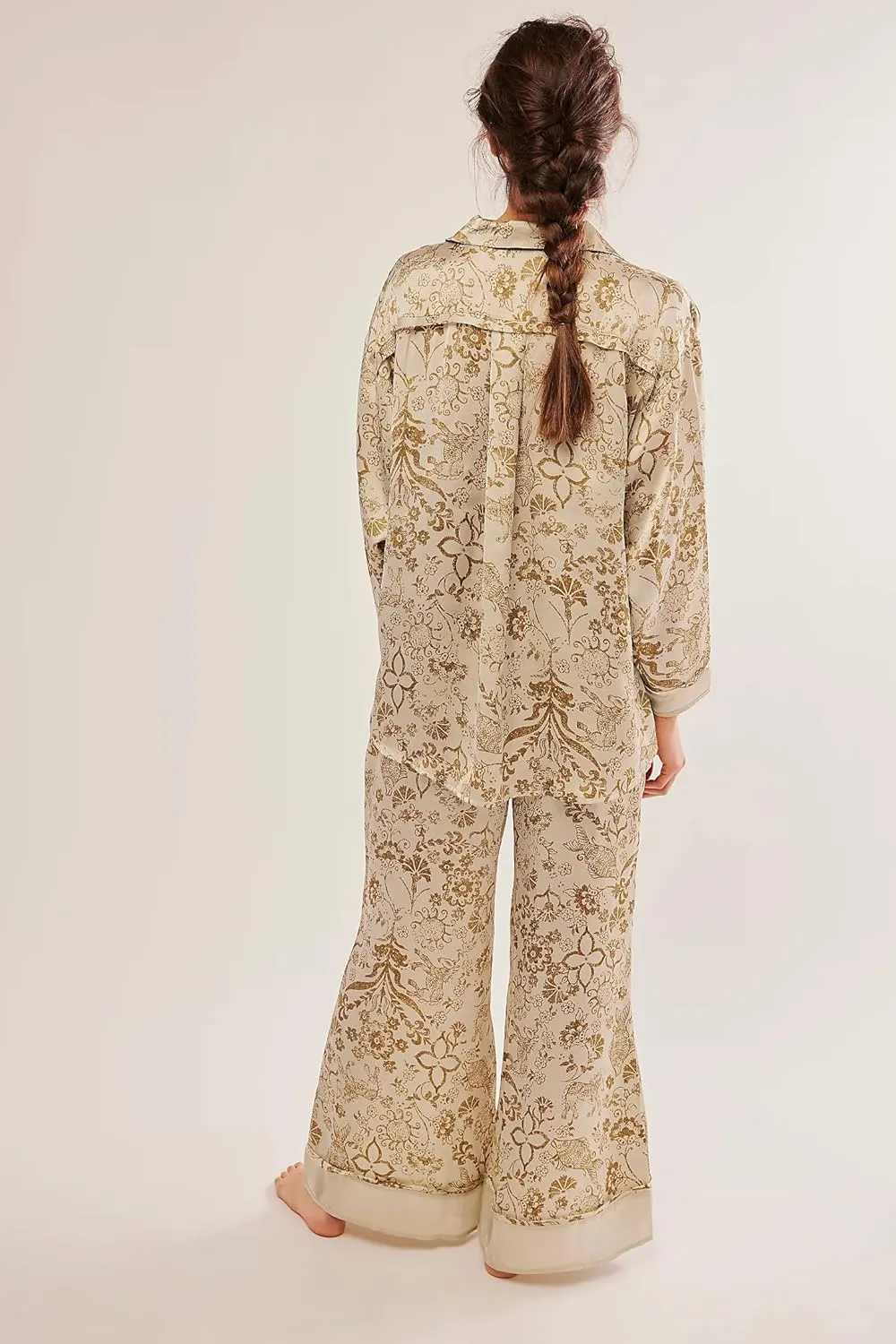 FOMOYUU Women Floral Print Silk Satin Pajama Set Long Sleeve Button Down Shirt Casual Loose Pants 2 Piece Outfits Sleepwear