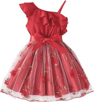 Girls Ruffle One Shoulder Summer Cute Floral Tulle Dress Kids Baby Toddler A-Line Mesh Party Dresses for 2-8 Years