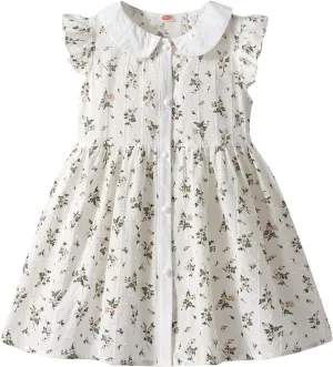 Girl's Summer Boho Floral Dress Cute Ruffle Sleeve Button Down Collared A-Line Sleeveless Swing Beach Sundress for 3-12 Years