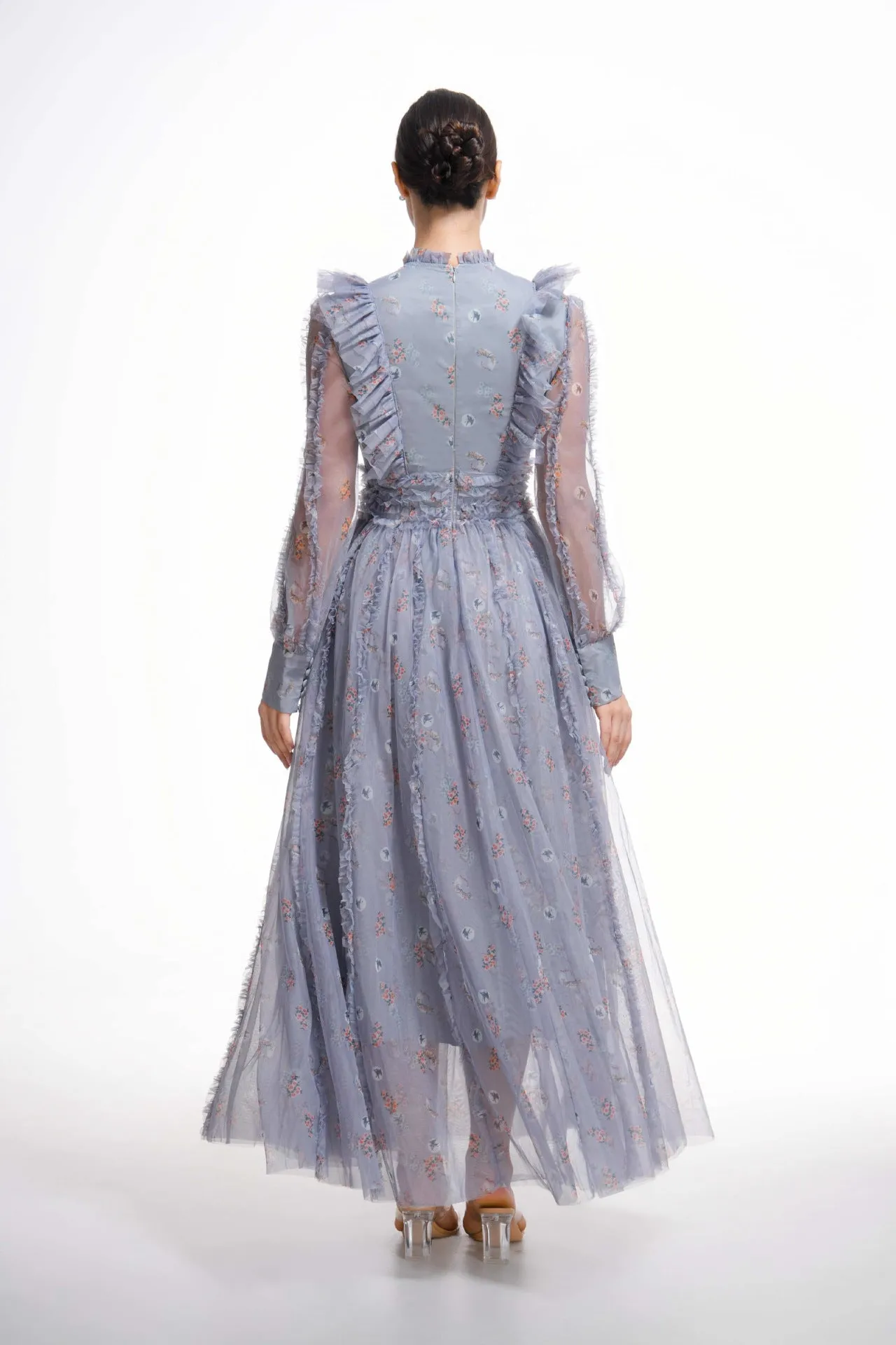 Gray Elegant Ruffled Long Sleeve Floral Maxi Prom Dress