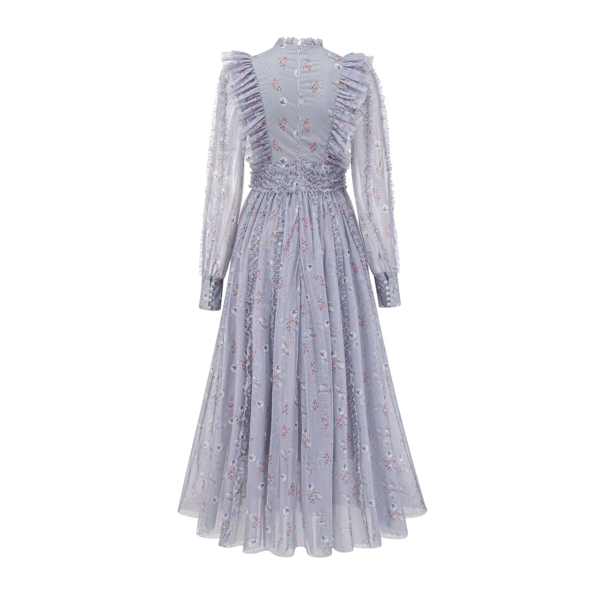 Gray Elegant Ruffled Long Sleeve Floral Maxi Prom Dress