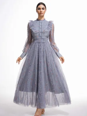 Gray Elegant Ruffled Long Sleeve Floral Maxi Prom Dress