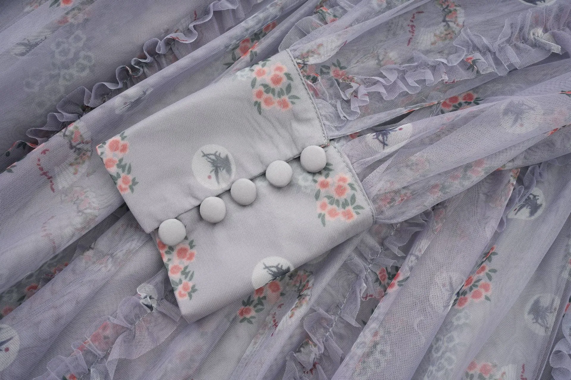 Gray Elegant Ruffled Long Sleeve Floral Maxi Prom Dress