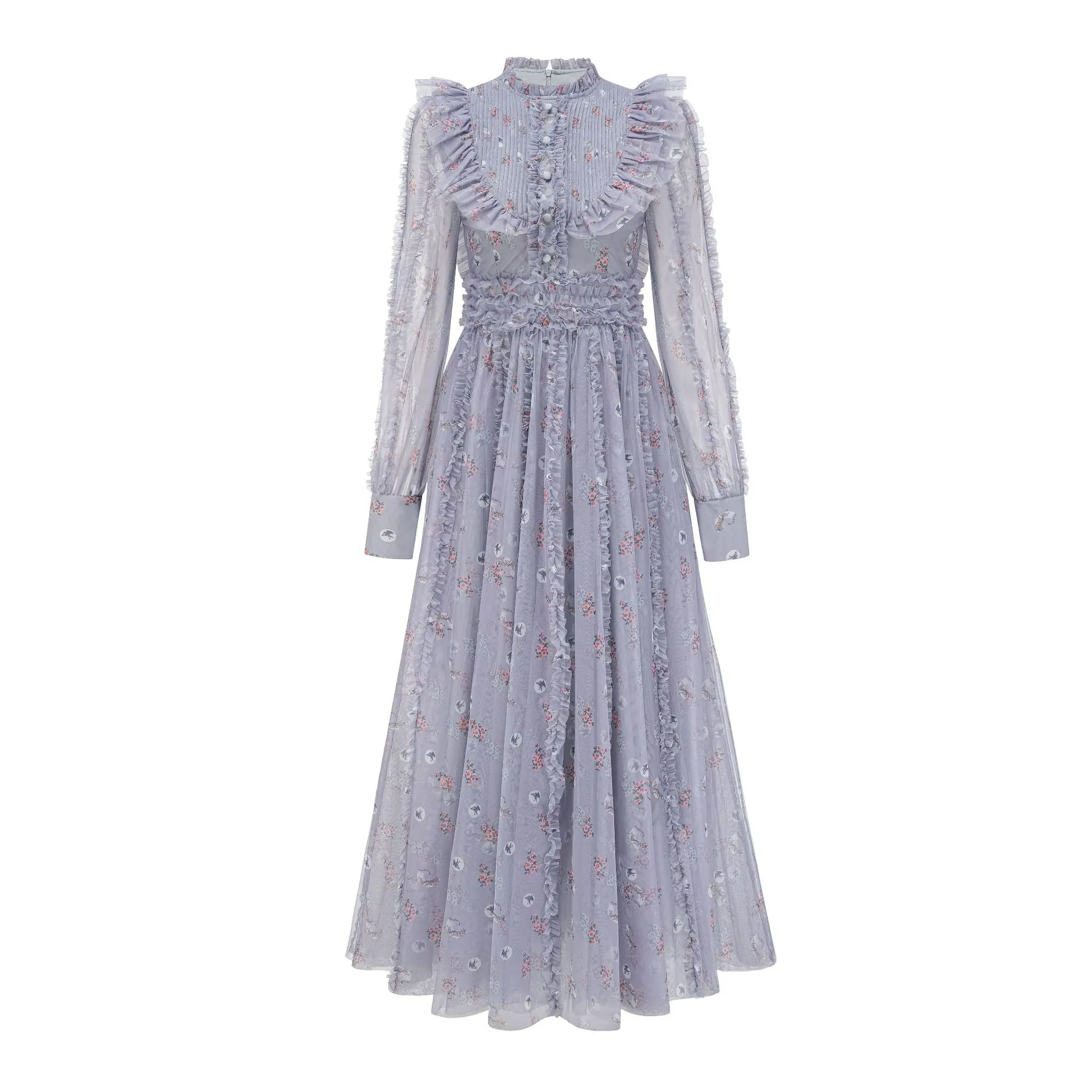 Gray Elegant Ruffled Long Sleeve Floral Maxi Prom Dress