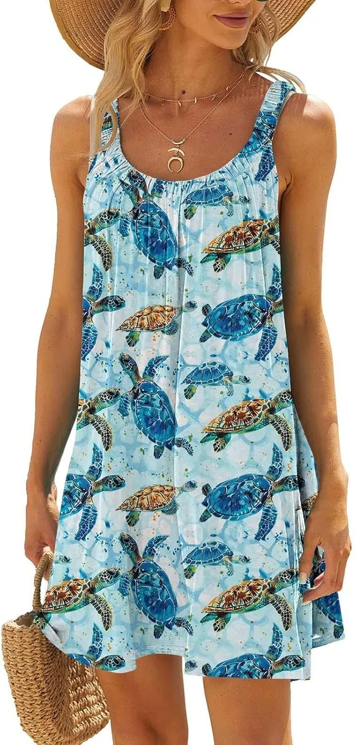Hawaiian Dresses for Women Summer Floral Sleeveless Mini Dress Casual Swing Beach Cover Ups Vacation Tank Sundress
