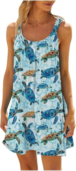 Hawaiian Dresses for Women Summer Floral Sleeveless Mini Dress Casual Swing Beach Cover Ups Vacation Tank Sundress