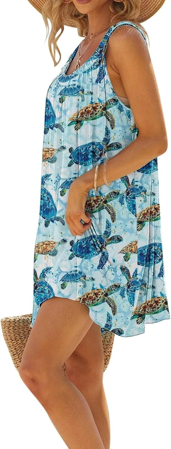 Hawaiian Dresses for Women Summer Floral Sleeveless Mini Dress Casual Swing Beach Cover Ups Vacation Tank Sundress