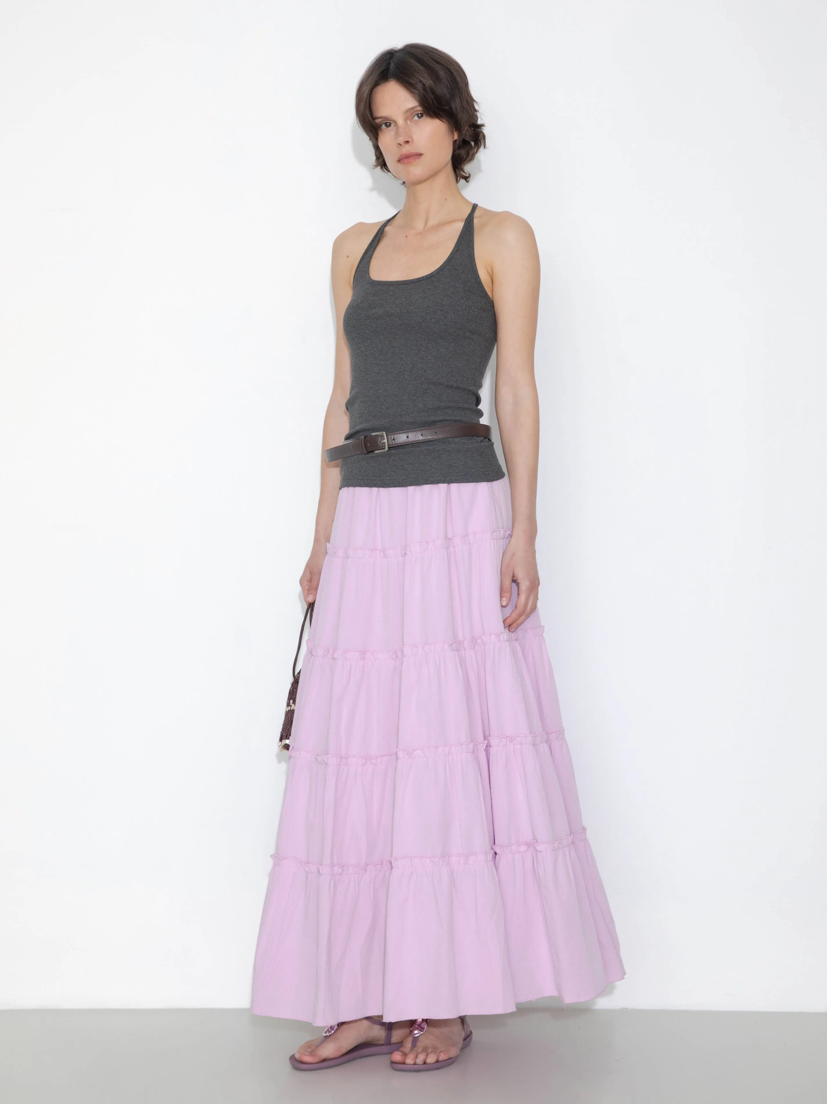 High-Waisted A-Line Maxi Flowy Skirt: Purple / L