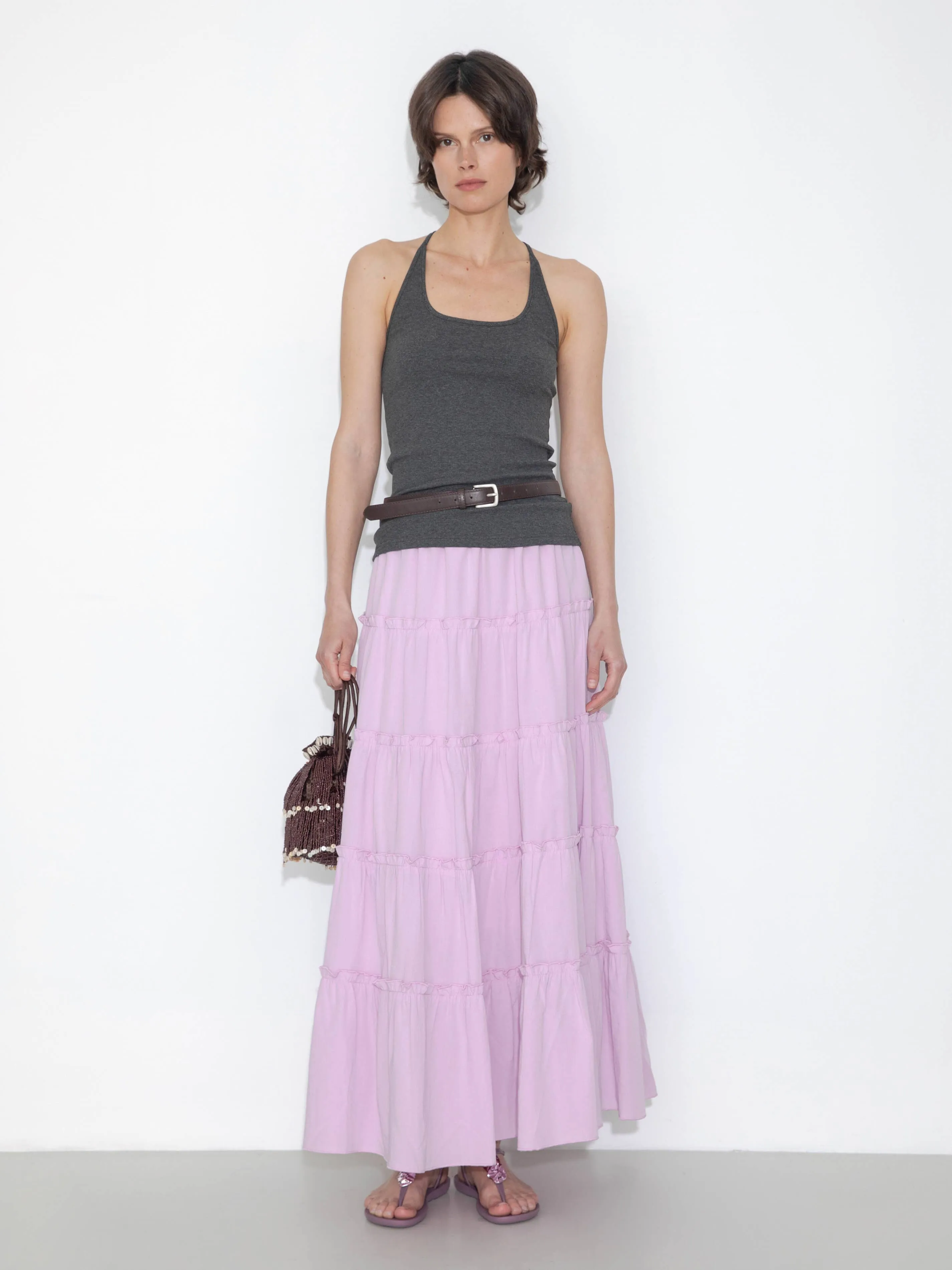 High-Waisted A-Line Maxi Flowy Skirt: Purple / L