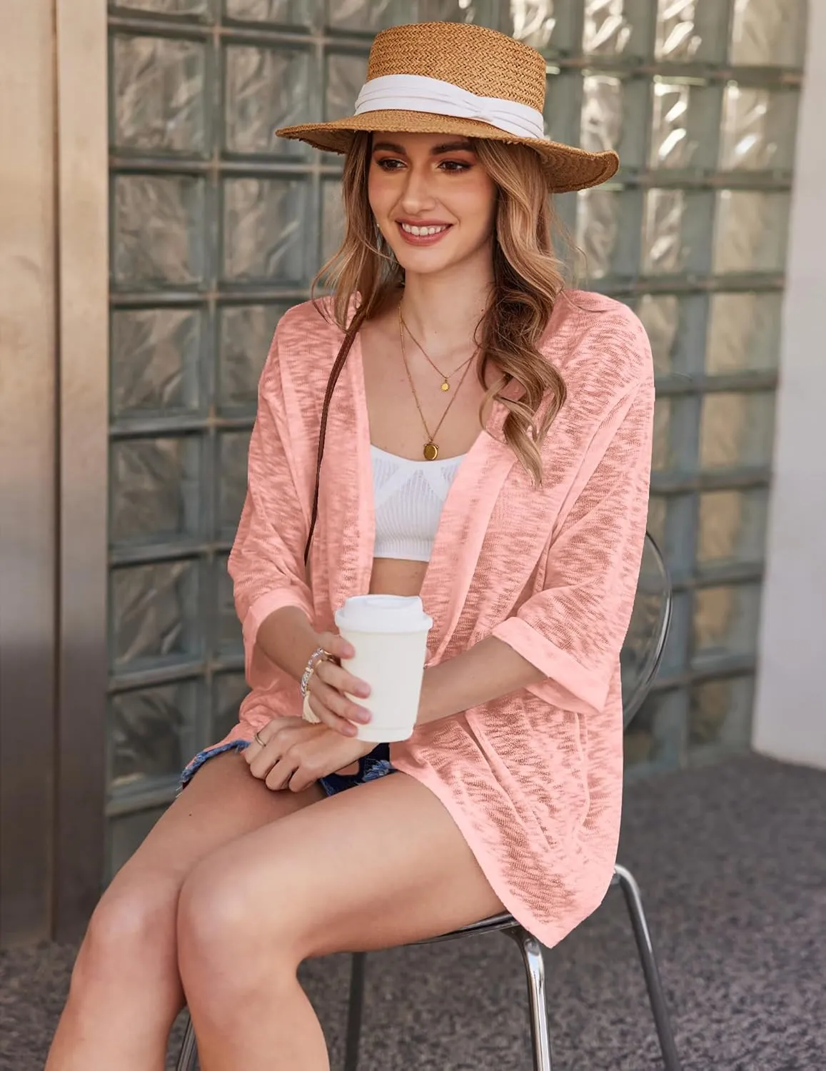 HOTOUCH Womens Lightweight Cardigan Open Front 3/4 Sleeve Casual Loose Fit Beach Cover Up