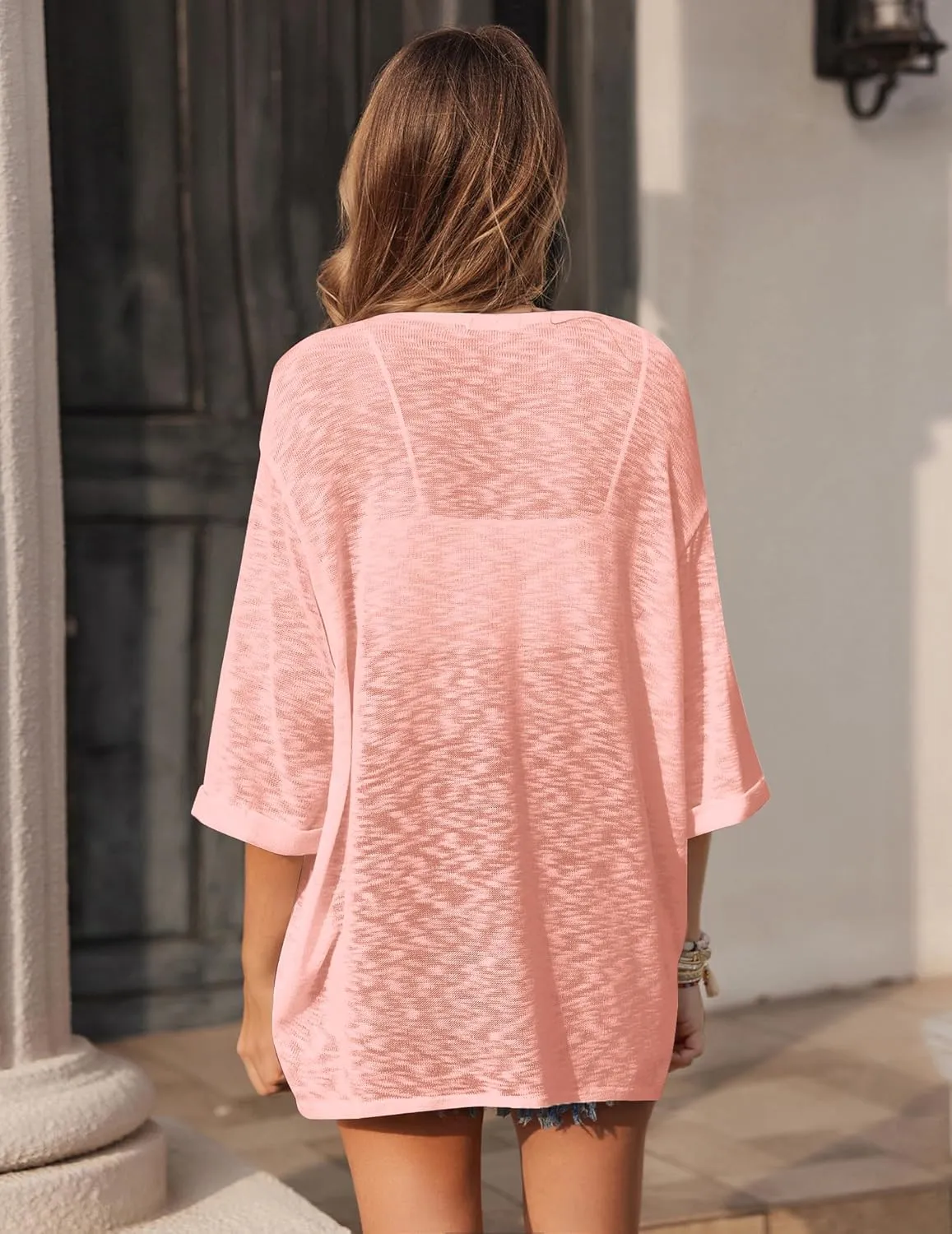 HOTOUCH Womens Lightweight Cardigan Open Front 3/4 Sleeve Casual Loose Fit Beach Cover Up