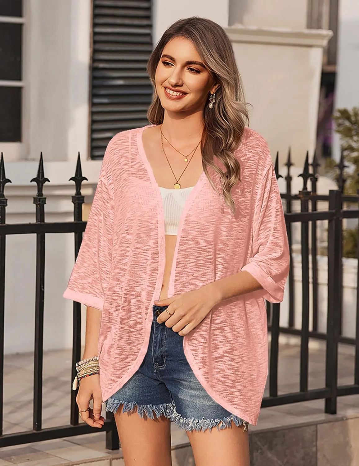 HOTOUCH Womens Lightweight Cardigan Open Front 3/4 Sleeve Casual Loose Fit Beach Cover Up
