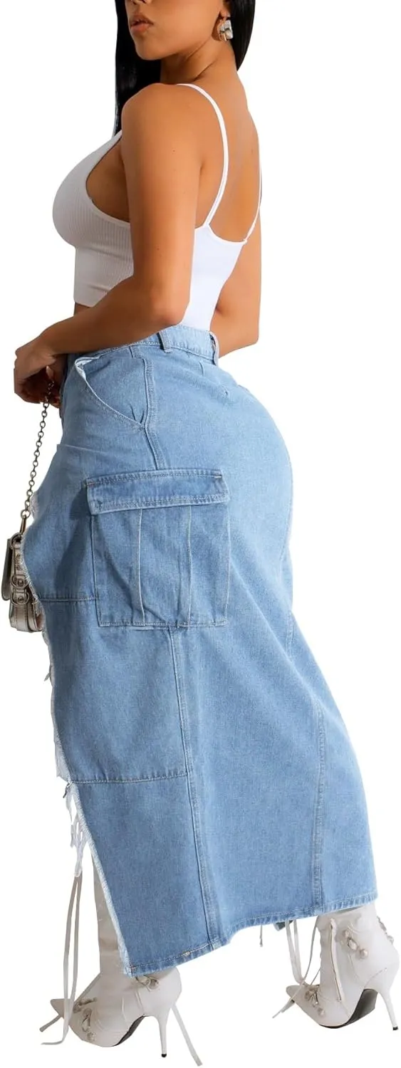 HTD Women's Denim Maxi Skirt Camo Long Skirts Cargo Jean Skirt Sexy High Slit