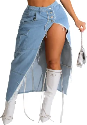 HTD Women's Denim Maxi Skirt Camo Long Skirts Cargo Jean Skirt Sexy High Slit
