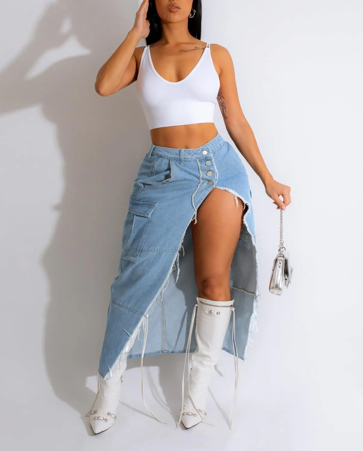 HTD Women's Denim Maxi Skirt Camo Long Skirts Cargo Jean Skirt Sexy High Slit