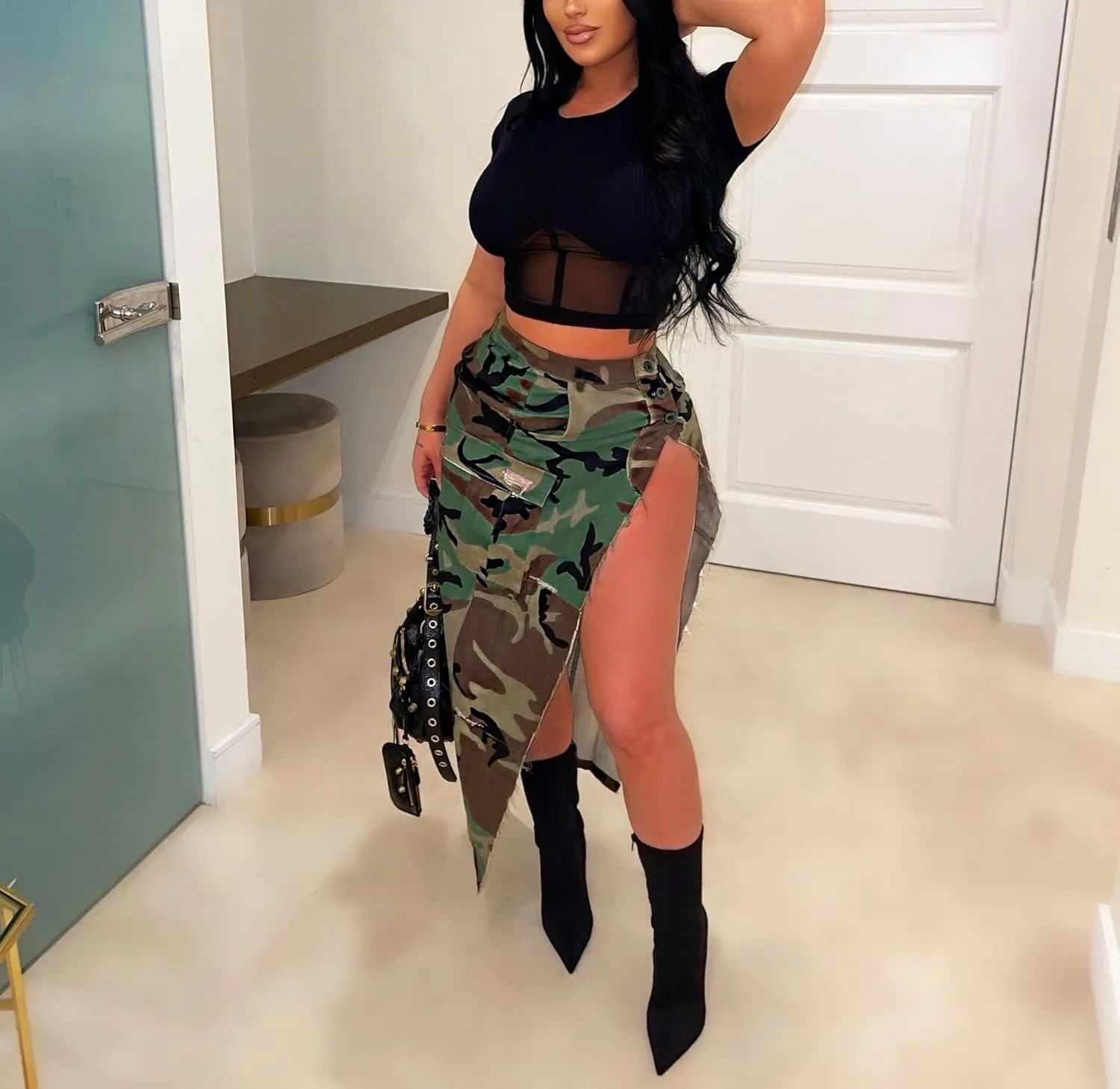 HTD Women's Denim Maxi Skirt Camo Long Skirts Cargo Jean Skirt Sexy High Slit
