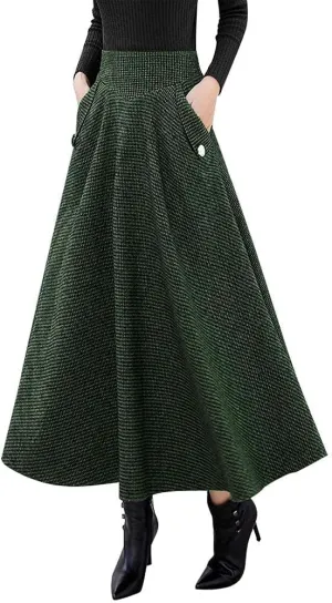 IDEALSANXUN Womens Fall Winter High Waisted Wool Plaid A-line Long Skirt