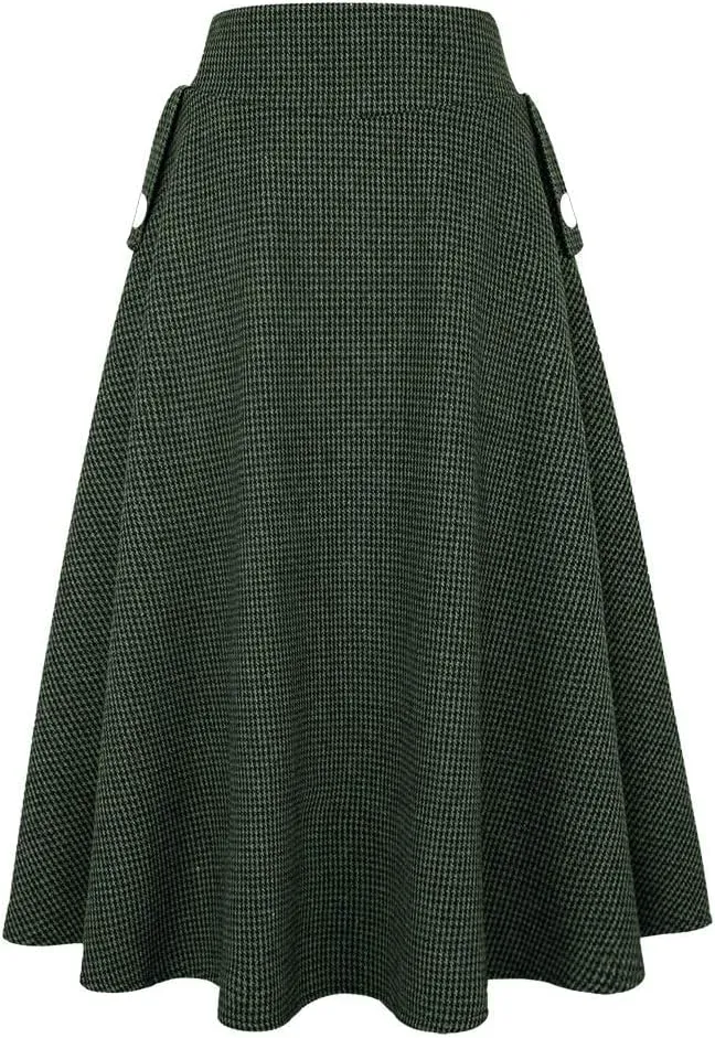 IDEALSANXUN Womens Fall Winter High Waisted Wool Plaid A-line Long Skirt