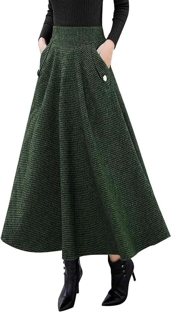 IDEALSANXUN Womens Fall Winter High Waisted Wool Plaid A-line Long Skirt