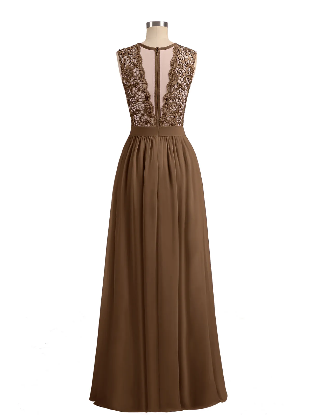 Illusion Neck Chiffon and Lace Dresses Brown