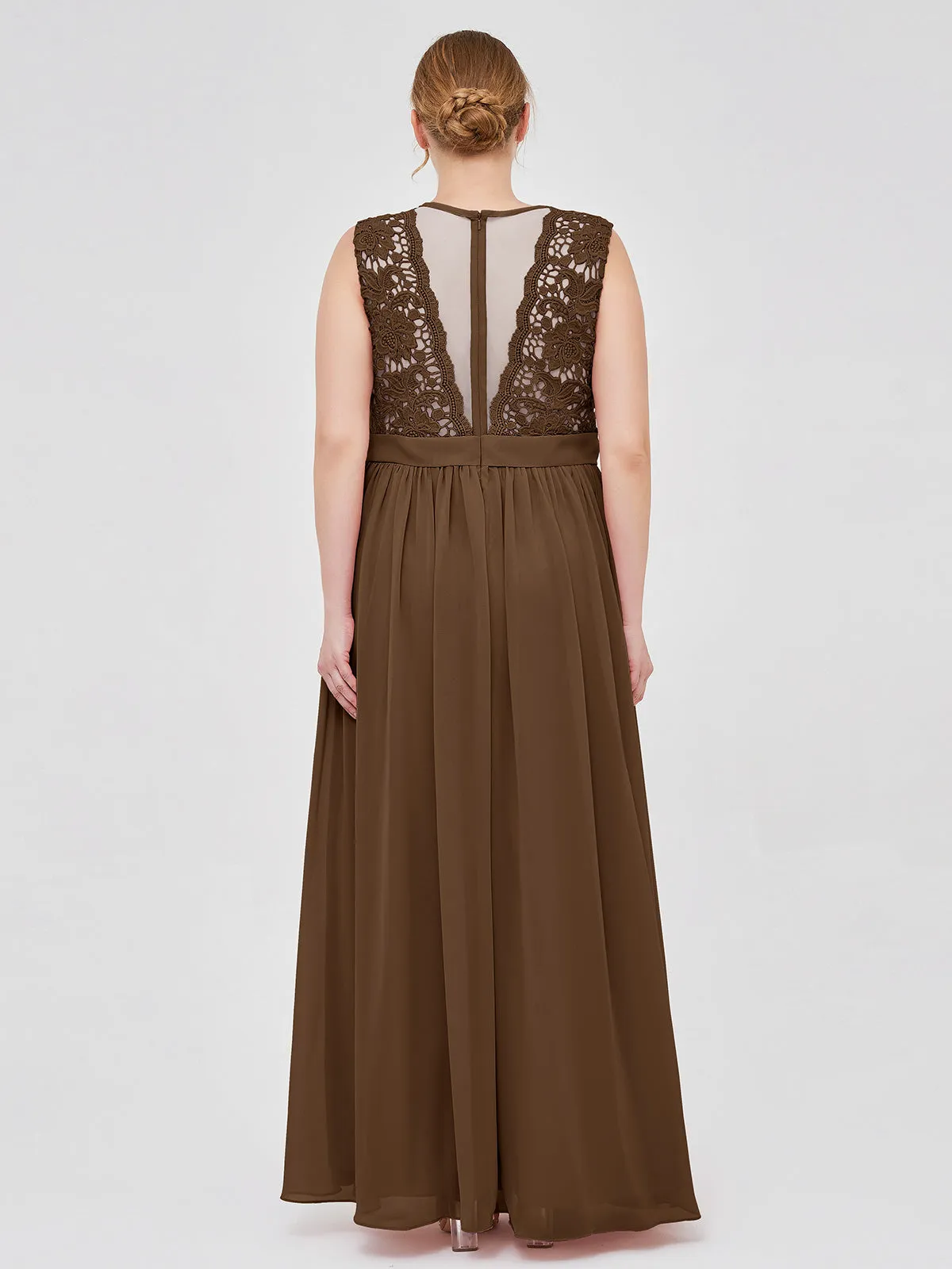 Illusion Neck Chiffon and Lace Dresses Brown