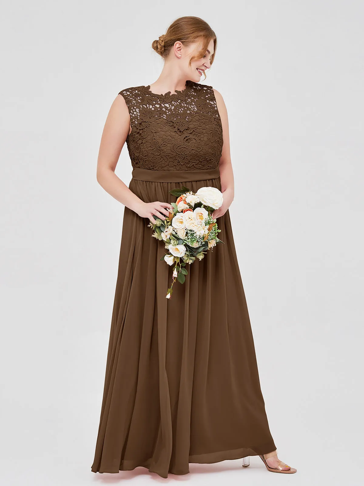 Illusion Neck Chiffon and Lace Dresses Brown