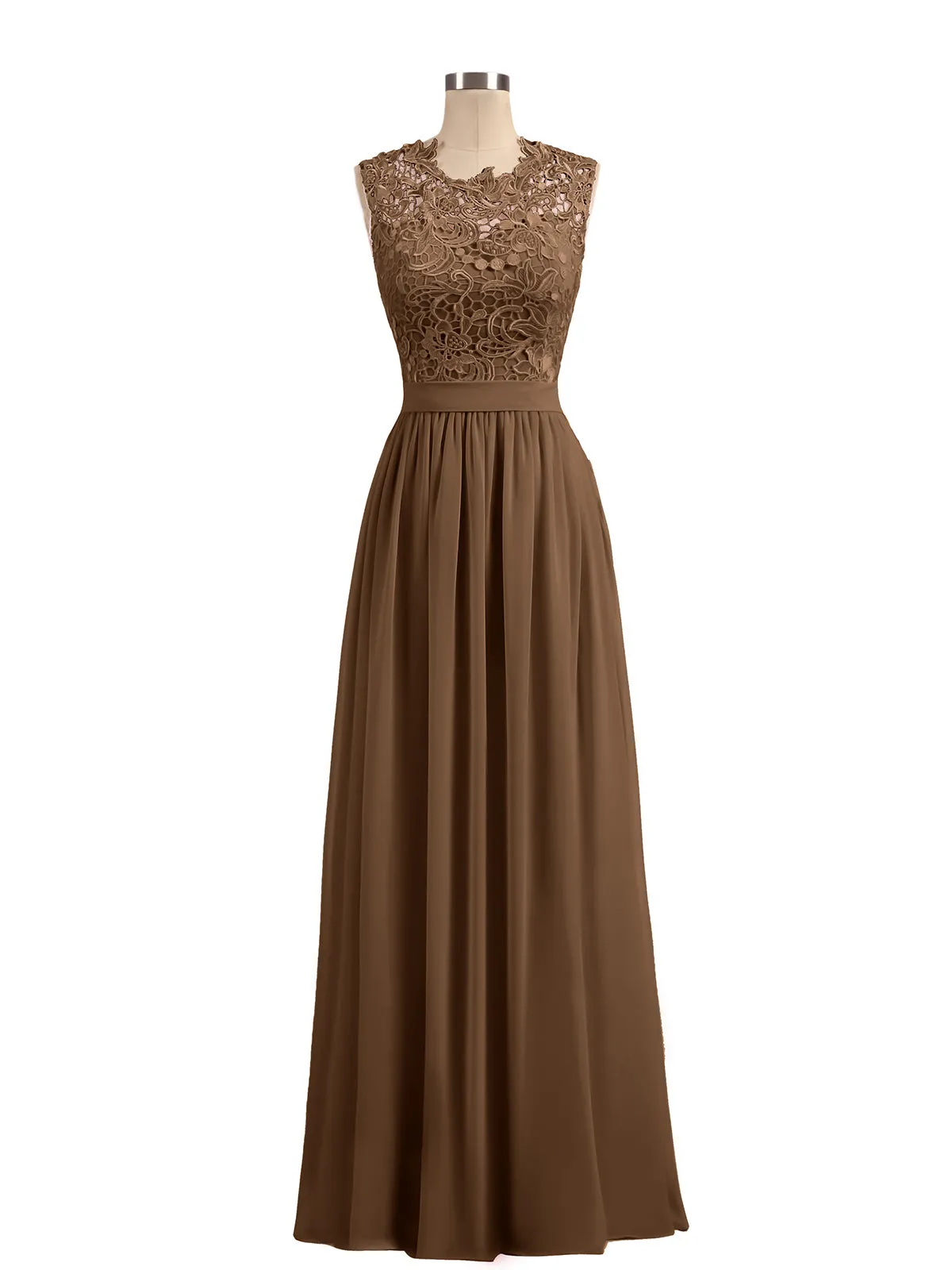 Illusion Neck Chiffon and Lace Dresses Brown