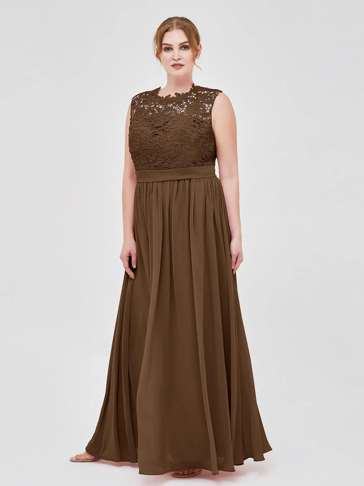 Illusion Neck Chiffon and Lace Dresses Brown