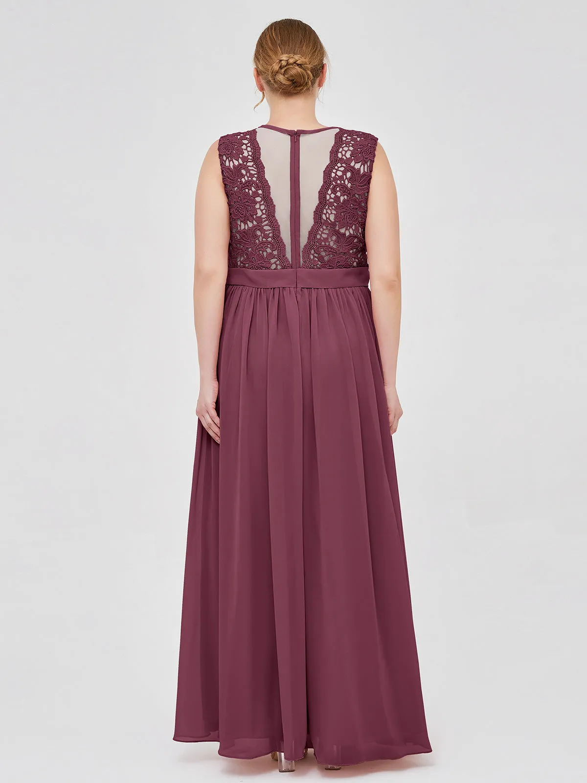 Illusion Neck Chiffon and Lace Dresses Mulberry