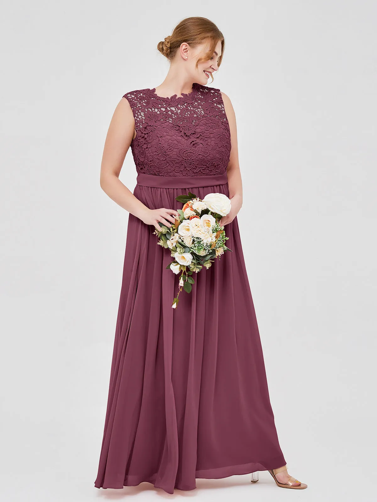 Illusion Neck Chiffon and Lace Dresses Mulberry