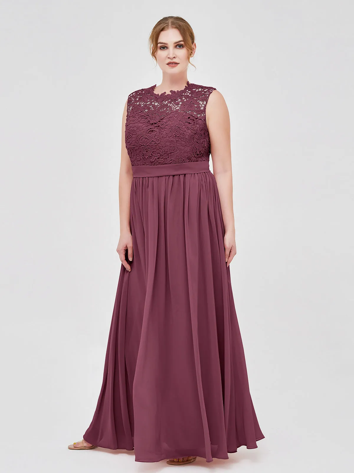 Illusion Neck Chiffon and Lace Dresses Mulberry