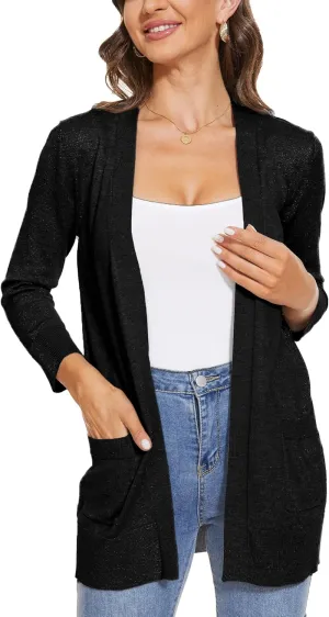 INKOFF Women's 3/4 Sleeve Cardigan Sweater Open Front Knit with Pockets Rib Hem Casual S-XXL