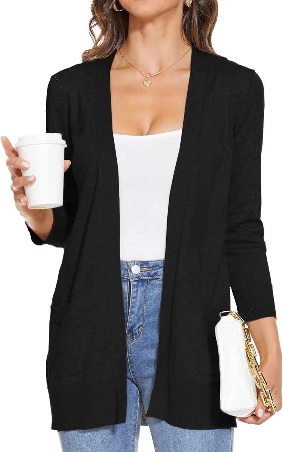 INKOFF Women's 3/4 Sleeve Cardigan Sweater Open Front Knit with Pockets Rib Hem Casual S-XXL