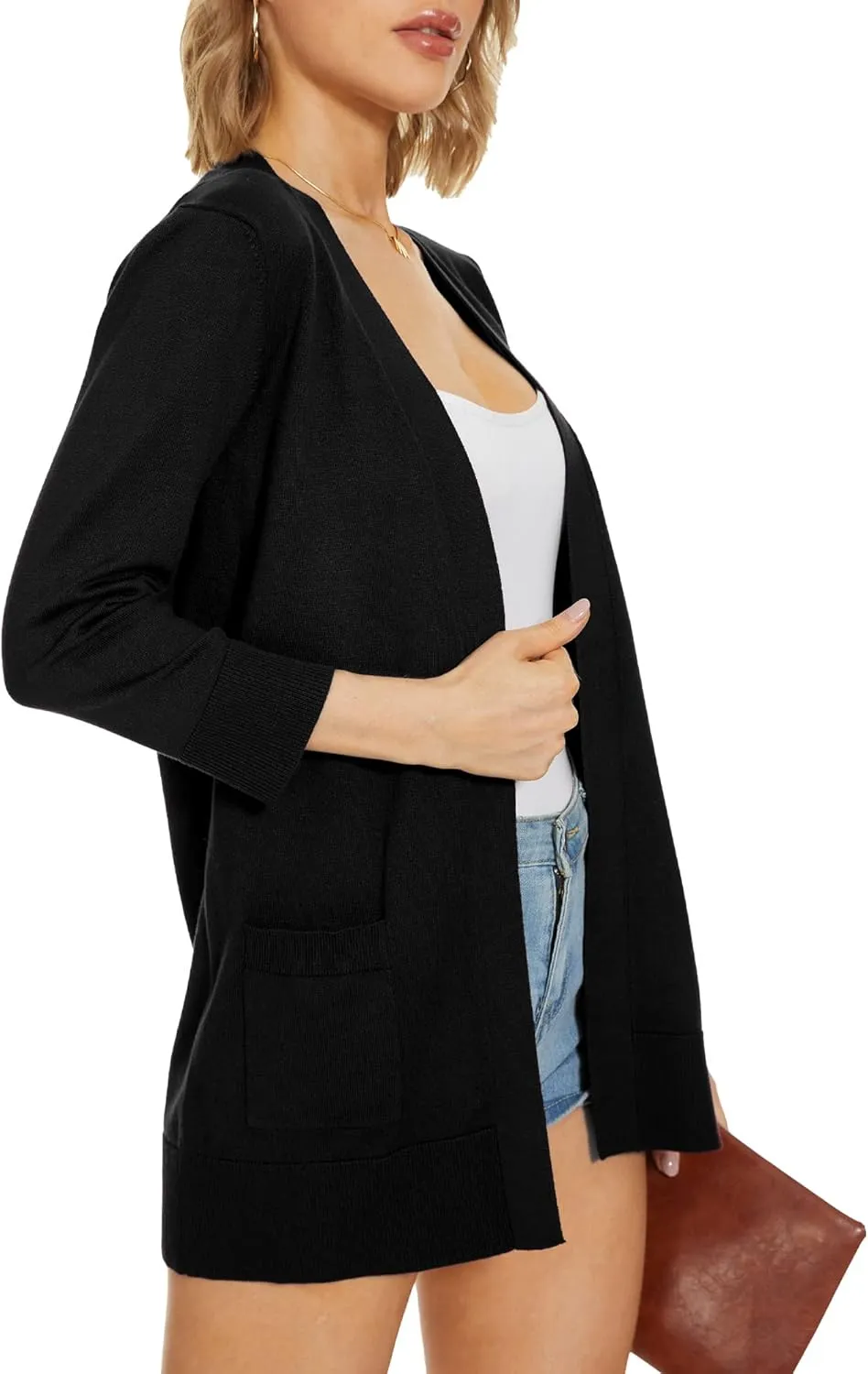 INKOFF Women's 3/4 Sleeve Cardigan Sweater Open Front Knit with Pockets Rib Hem Casual S-XXL