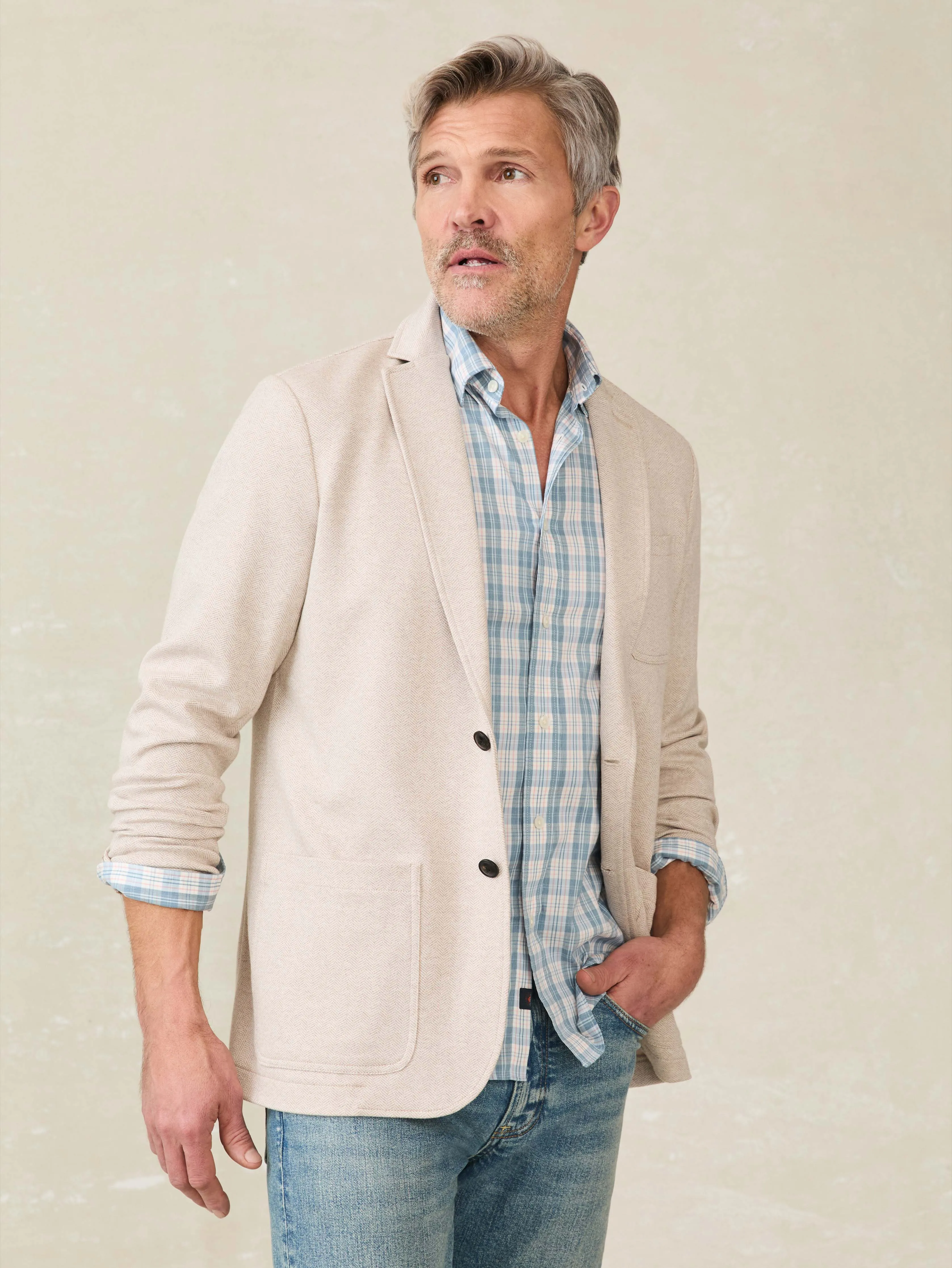 Inlet Knit Tweed Blazer - Khaki Stone Herringbone