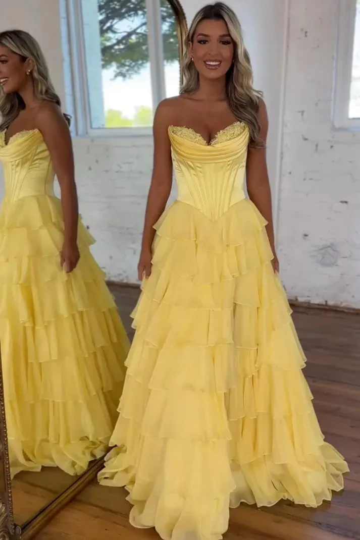 JAEDEN Prom Dress 2025 - Strapless Corset Prom Dress for Women Long Tiered Ruffle Chiffon Evening Gown with Slit