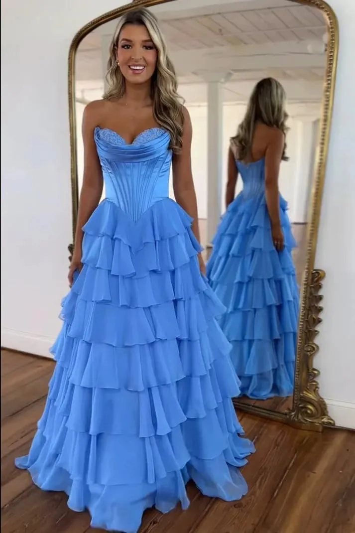 JAEDEN Prom Dress 2025 - Strapless Corset Prom Dress for Women Long Tiered Ruffle Chiffon Evening Gown with Slit