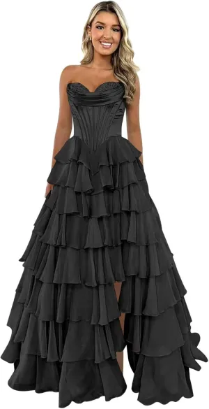 JAEDEN Prom Dress 2025 - Strapless Corset Prom Dress for Women Long Tiered Ruffle Chiffon Evening Gown with Slit