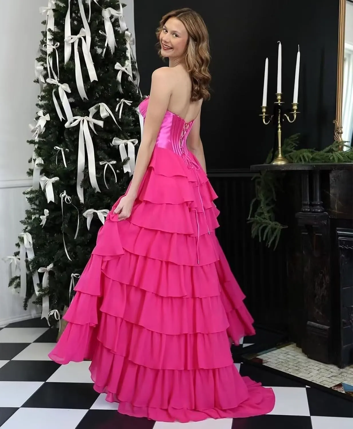JAEDEN Prom Dress 2025 - Strapless Corset Prom Dress for Women Long Tiered Ruffle Chiffon Evening Gown with Slit