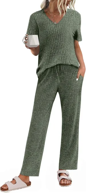 JiniGolla Women's Ribbed Knit Pajama Set 2 Piece Matching Pj Set Short Sleeve Top and Pants Lounge Set with Pockets