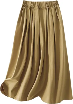 JOAU Women's Casual Cotton Skirt Elastic High Waist Peasant A-Line Midi Skirts with Pockets Summer Solid Pleated Beach Skirt
