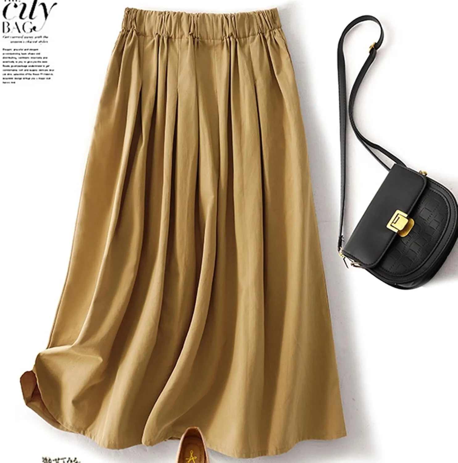 JOAU Women's Casual Cotton Skirt Elastic High Waist Peasant A-Line Midi Skirts with Pockets Summer Solid Pleated Beach Skirt