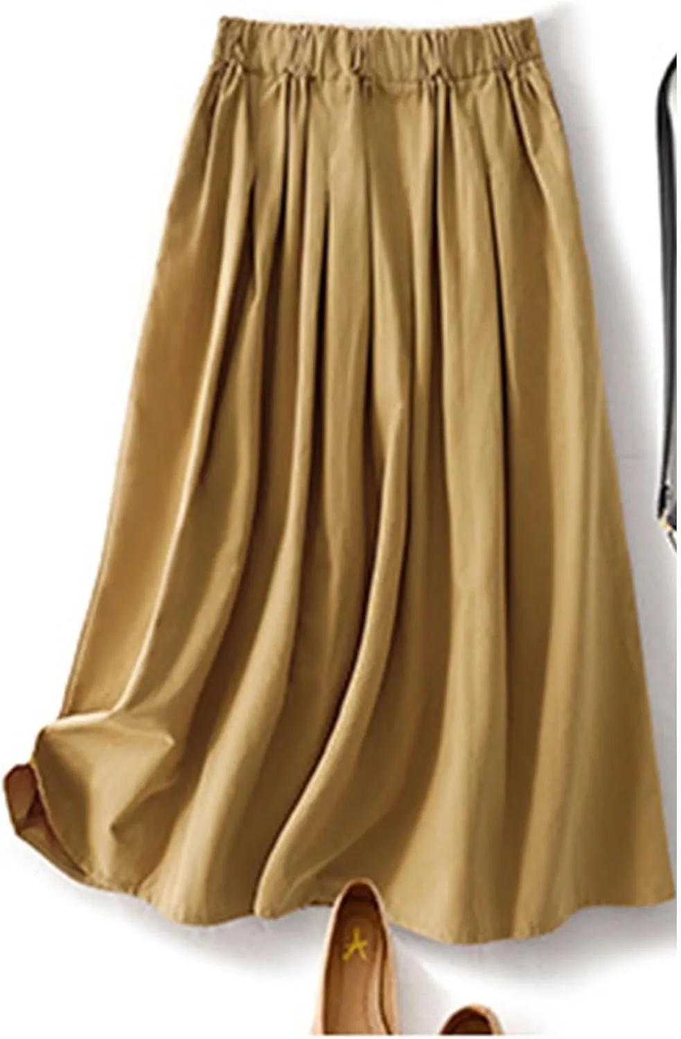 JOAU Women's Casual Cotton Skirt Elastic High Waist Peasant A-Line Midi Skirts with Pockets Summer Solid Pleated Beach Skirt