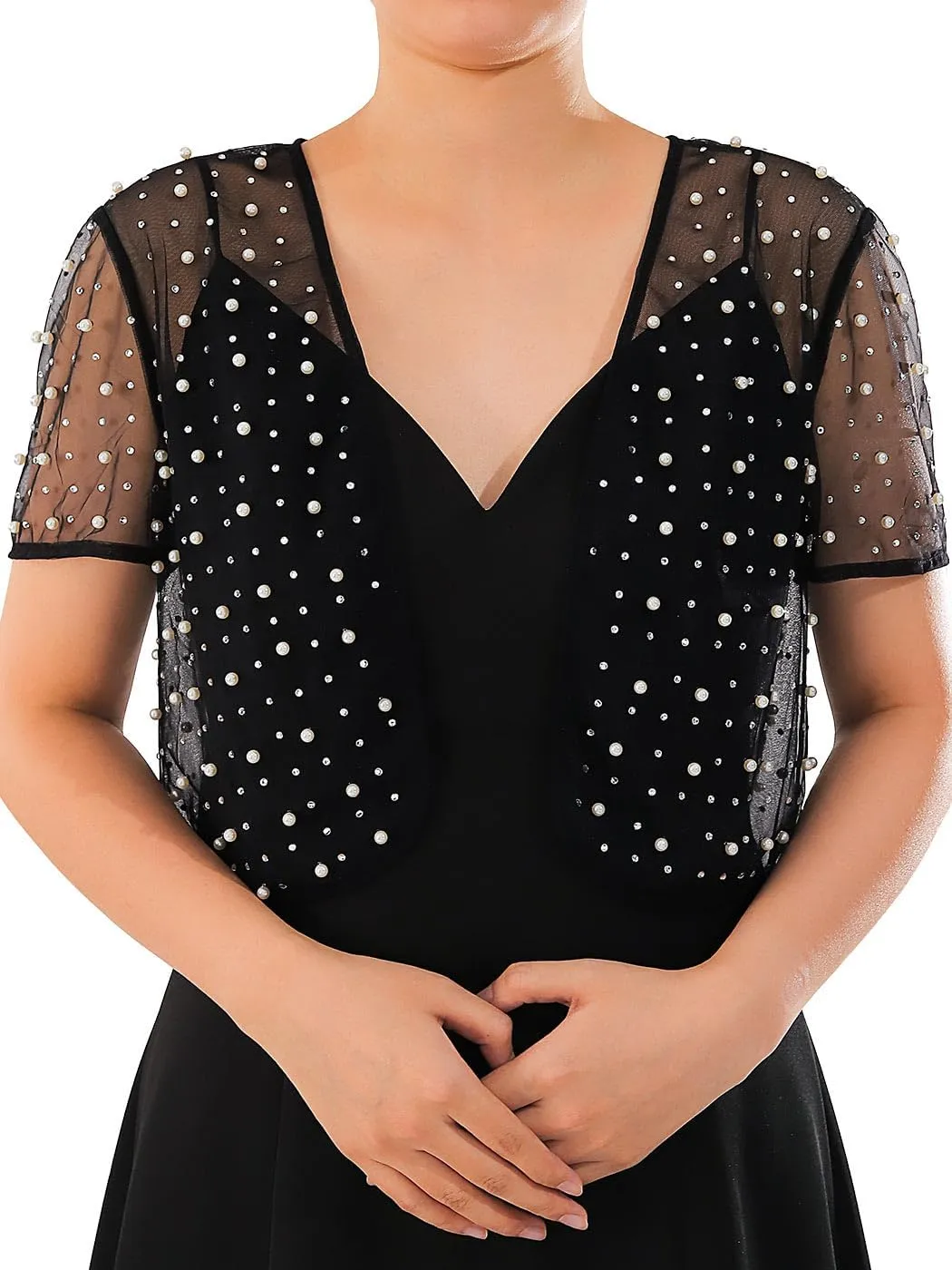 JONKY Pearl Rhinestone Cardigan Mesh See Through Bolero Sheer Short Sleeve Top for Bridal and Women