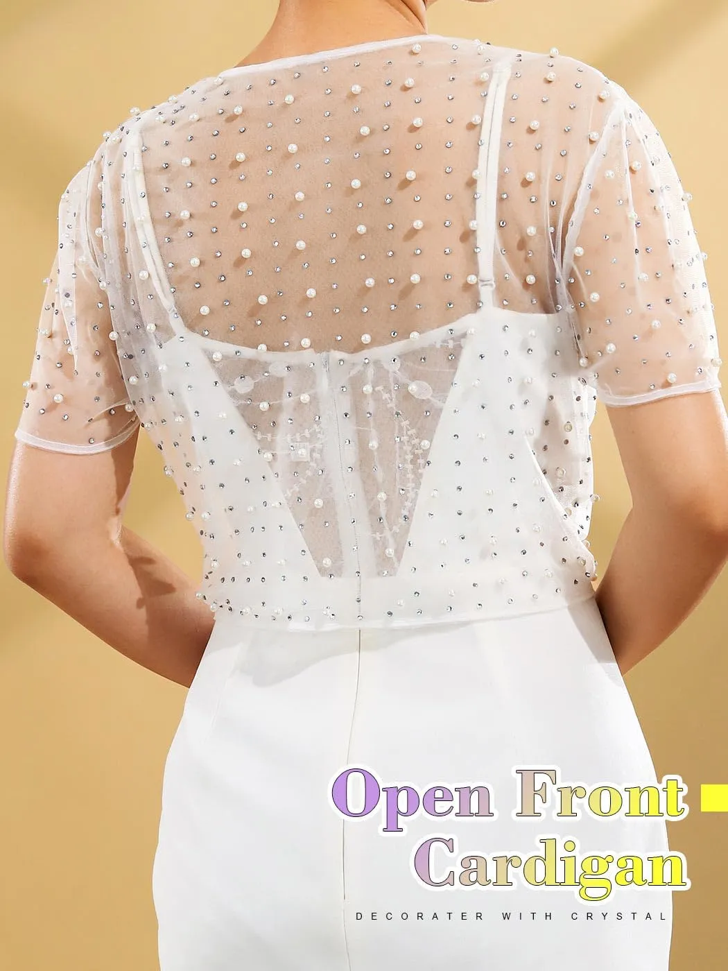 JONKY Pearl Rhinestone Cardigan Mesh See Through Bolero Sheer Short Sleeve Top for Bridal and Women